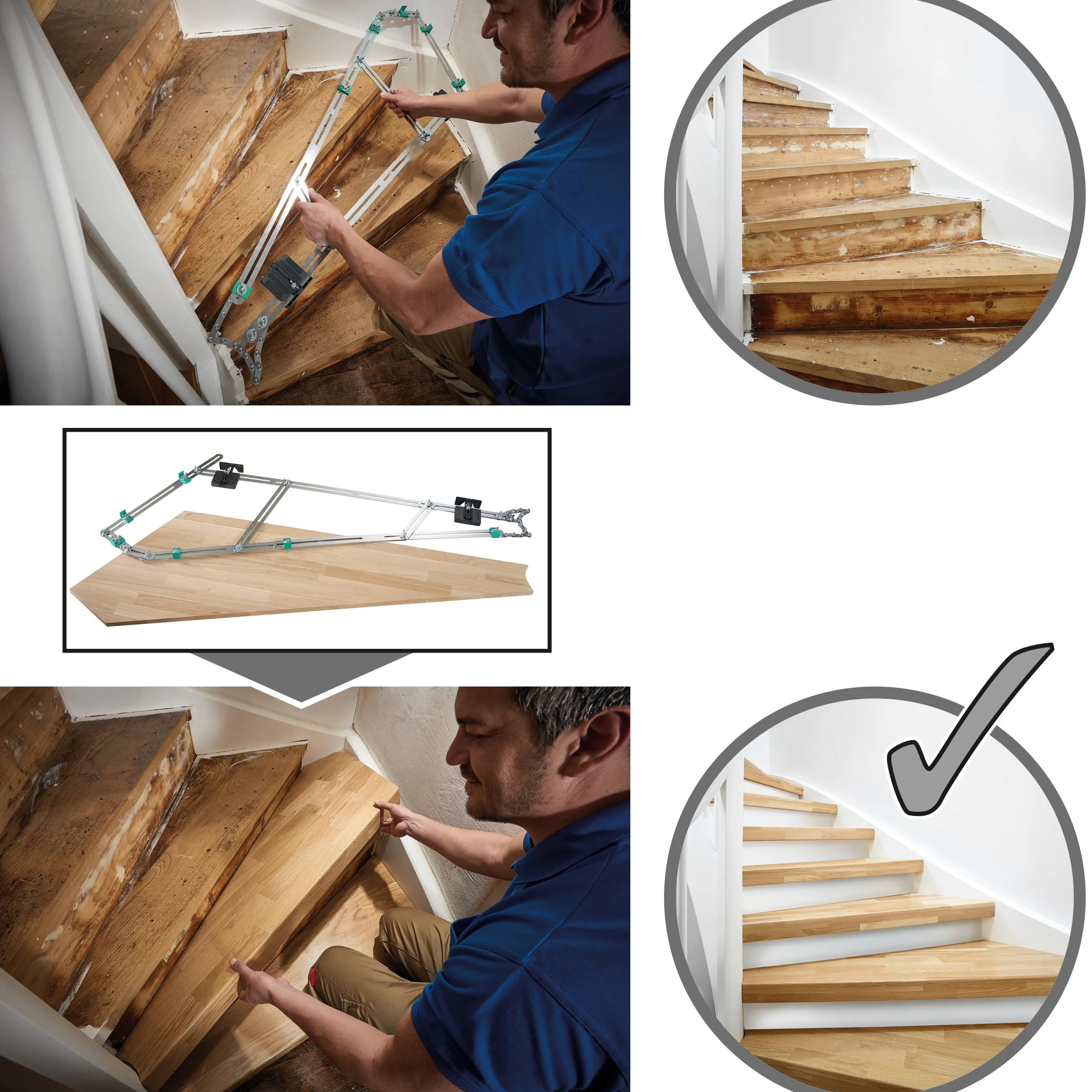 wolfcraft Treppenlehre – Winkelmesser & Schablone für Treppenbau | Treppenspinne & Winkelschmiege kombiniert – für Wendeltreppen, Dehnungsfugen & Materialzugaben – Metall, Made in EU - 5210000