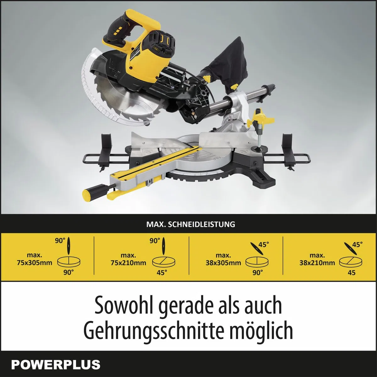 Powerplus elektrische Kapp und Gehrungssäge POWX075730S - 2100W Gehrungs- und Tischsäge, Ø254mm - mit Gehrungsschnitte - mit 1 Acc.