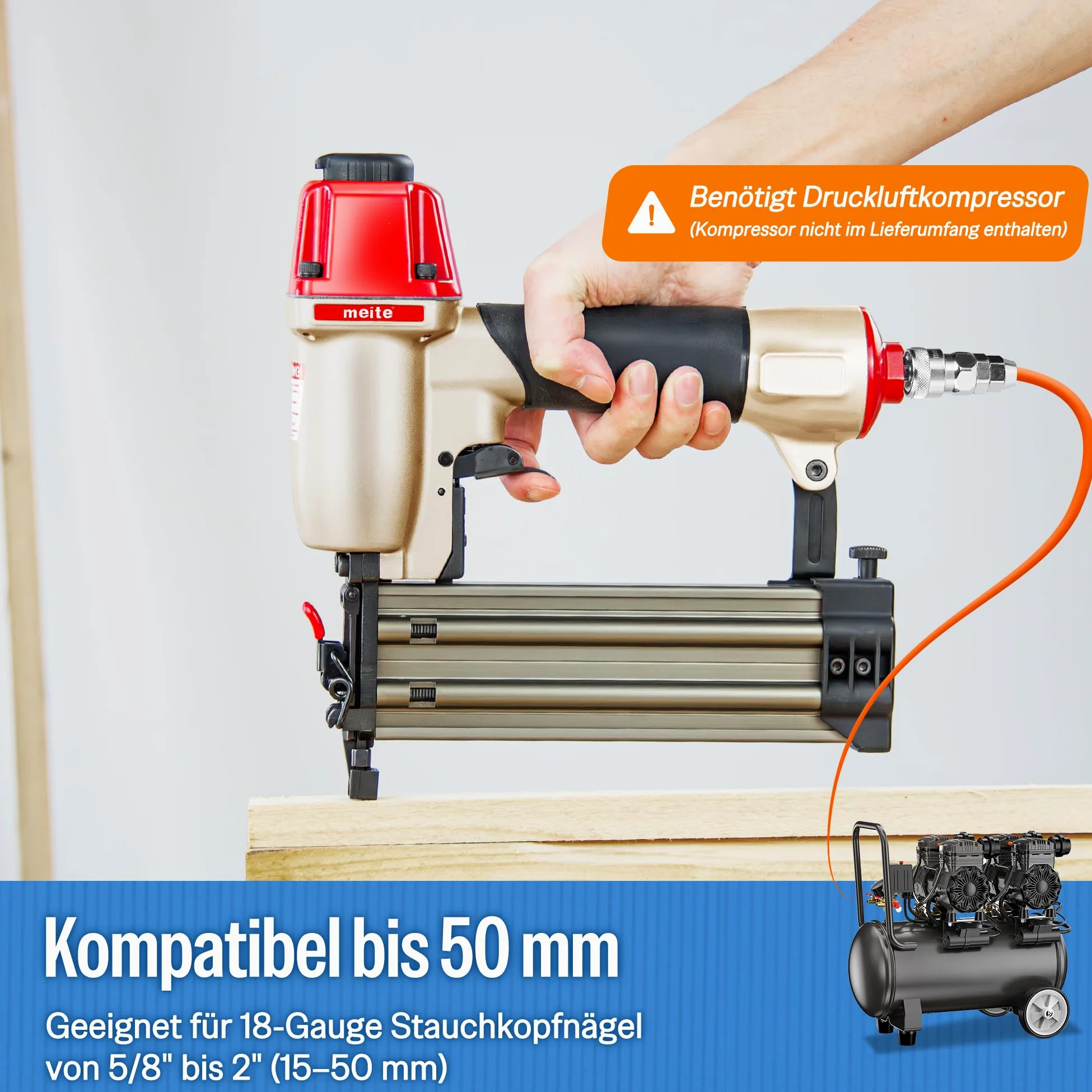 meite F50C Druckluftnagler mit Sicherheitsnase, Druckluft Nagelpistole für Stauchkopfnägel 18GA 15-50mm, Tiefeneinstellung max. 7 bar Stauchkopfnagler, Ideal für Zierleisten, Holzarbeiten