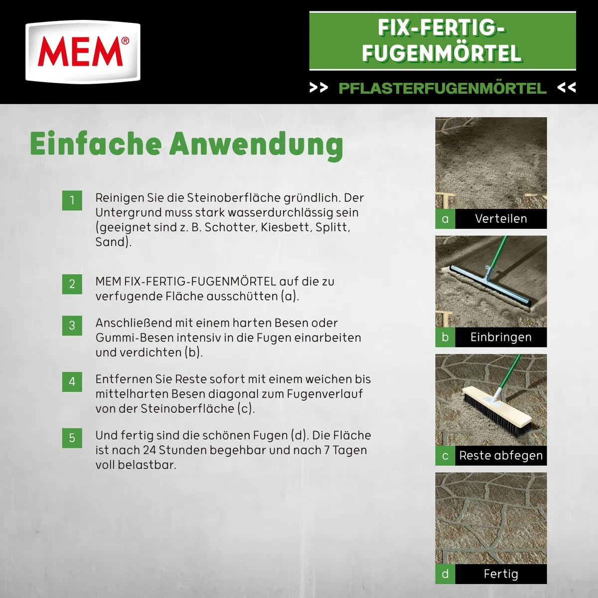 MEM Fix-Fertig-Fugenmörtel, Witterungsbeständig, Anwendungsfertig, Gegen Unkrautbewuchs, Steingrau, 12,5 kg
