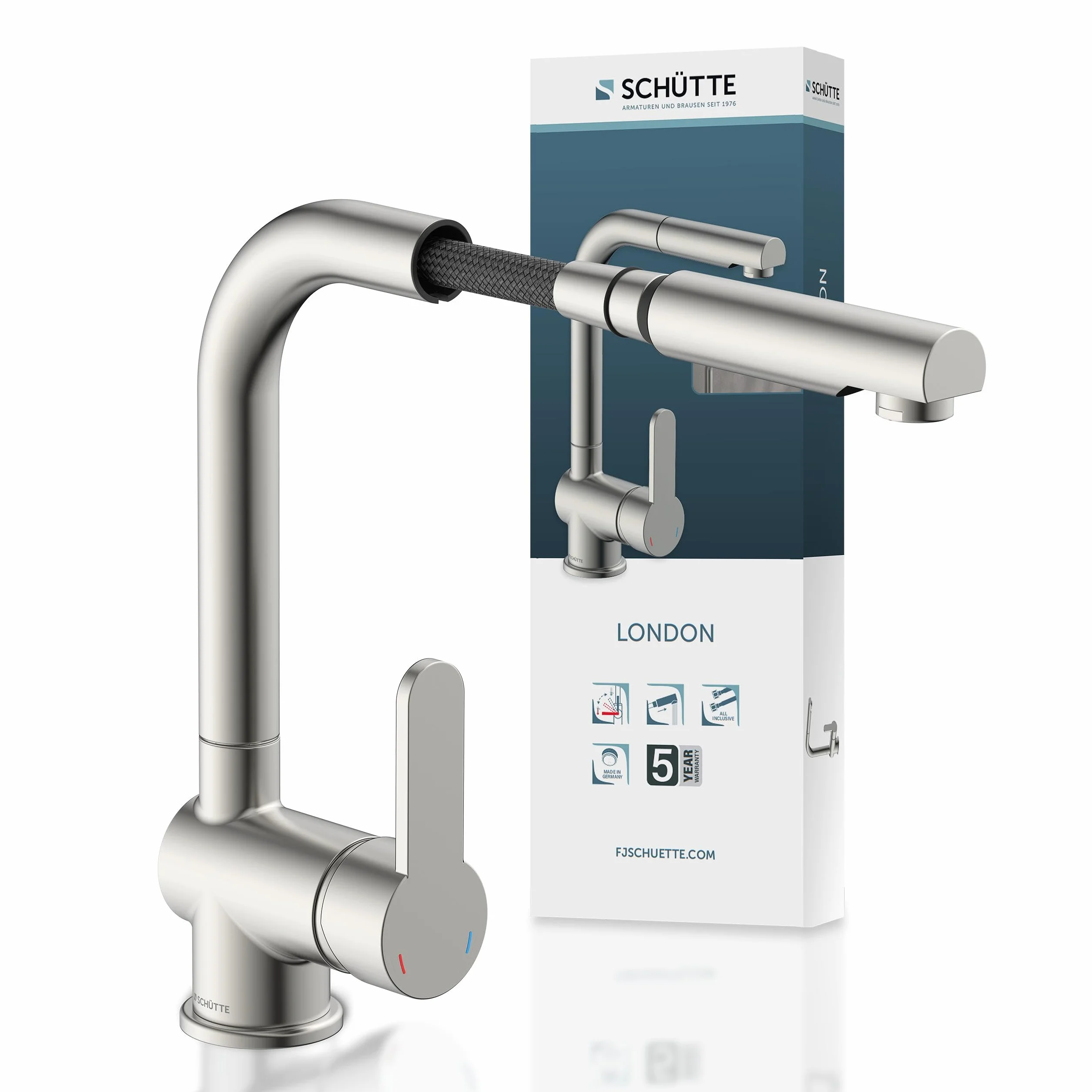 SCHÜTTE LONDON Küchenarmatur mit ausziehbarer Geschirrbrause, 360 Grad schwenkbarer Wasserhahn für die Küche, Mischbatterie mit Einhebelmischer, Spültischarmatur Edelstahloptik, Edelstahl, 29,8 cm