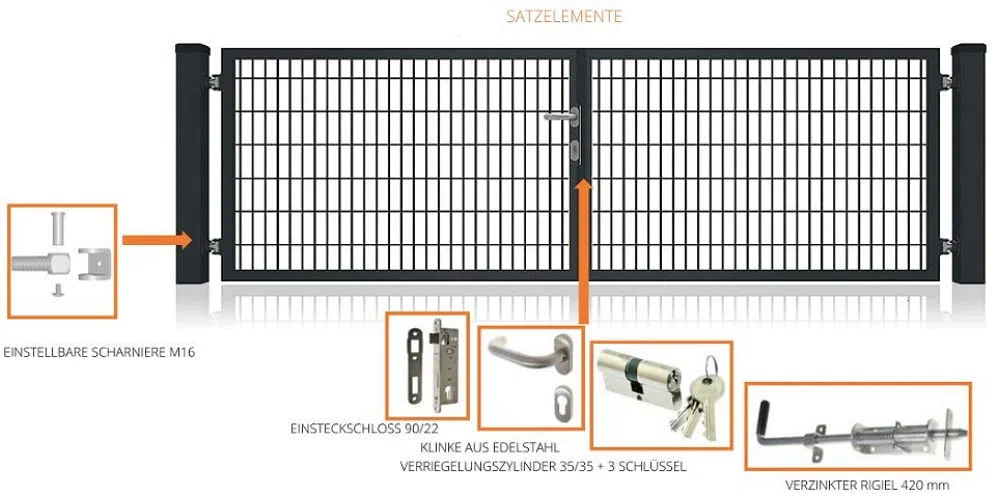 Doppelflügeltor Premium für Doppelsabmattenzaun Anthrazit 8/6/8 inkl Schloss Schlüssel Pfosten Breite: 4500 mm Höhe : Höhe 2000 mm