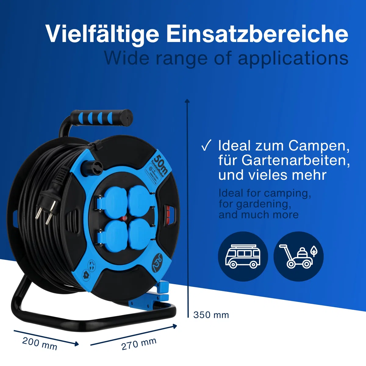 REV Kabeltrommel 50m Outdoor IP44 4 Schutzkontaktsteckdosen blau