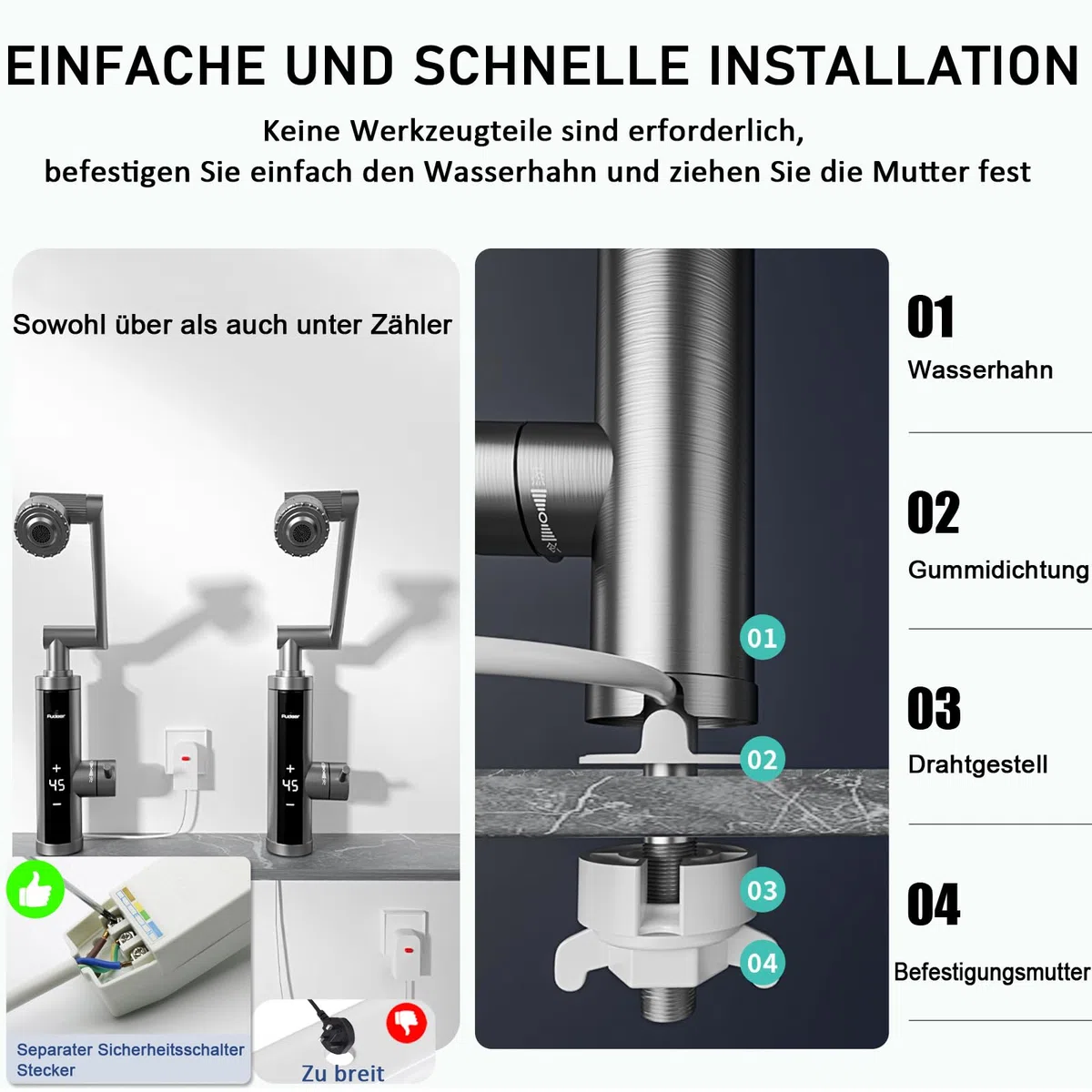 Wasserhahn mit Durchlauferhitzer für Küche, Bad, Edelstahl-Warmwasserhahn Versorgung Heiß- und Kaltwasserhahn mit Digitalanzeige, 230v Elektrische Wasserhahn (Mechanischer Auslauf)