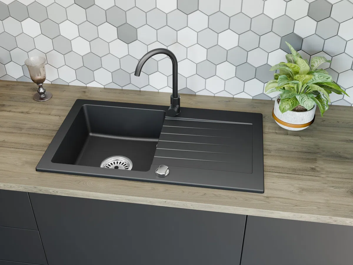 Faizee Granitspüle 75 x 44 cm Nachtschwarz – inklusive Armatur Genial in Schwarz – eckige Einbauspüle aus Granit – beidseitig montierbar, kratzfest, hitzebeständig – modernes Spülbecken