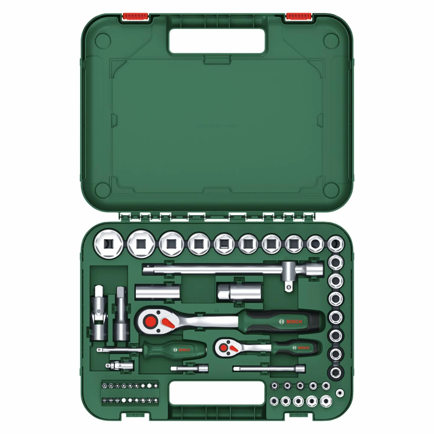 Bosch Ratschen Set 1/4" + 1/2", 57-teilig (Zwei robuste Ratschen; 55 Zubehöre; Hohes Drehmoment; Verriegelungsknopf; Intuitiver Richtungswechsel; Gebogener Hals; Ergonomischer Softgrip; Tragekoffer)