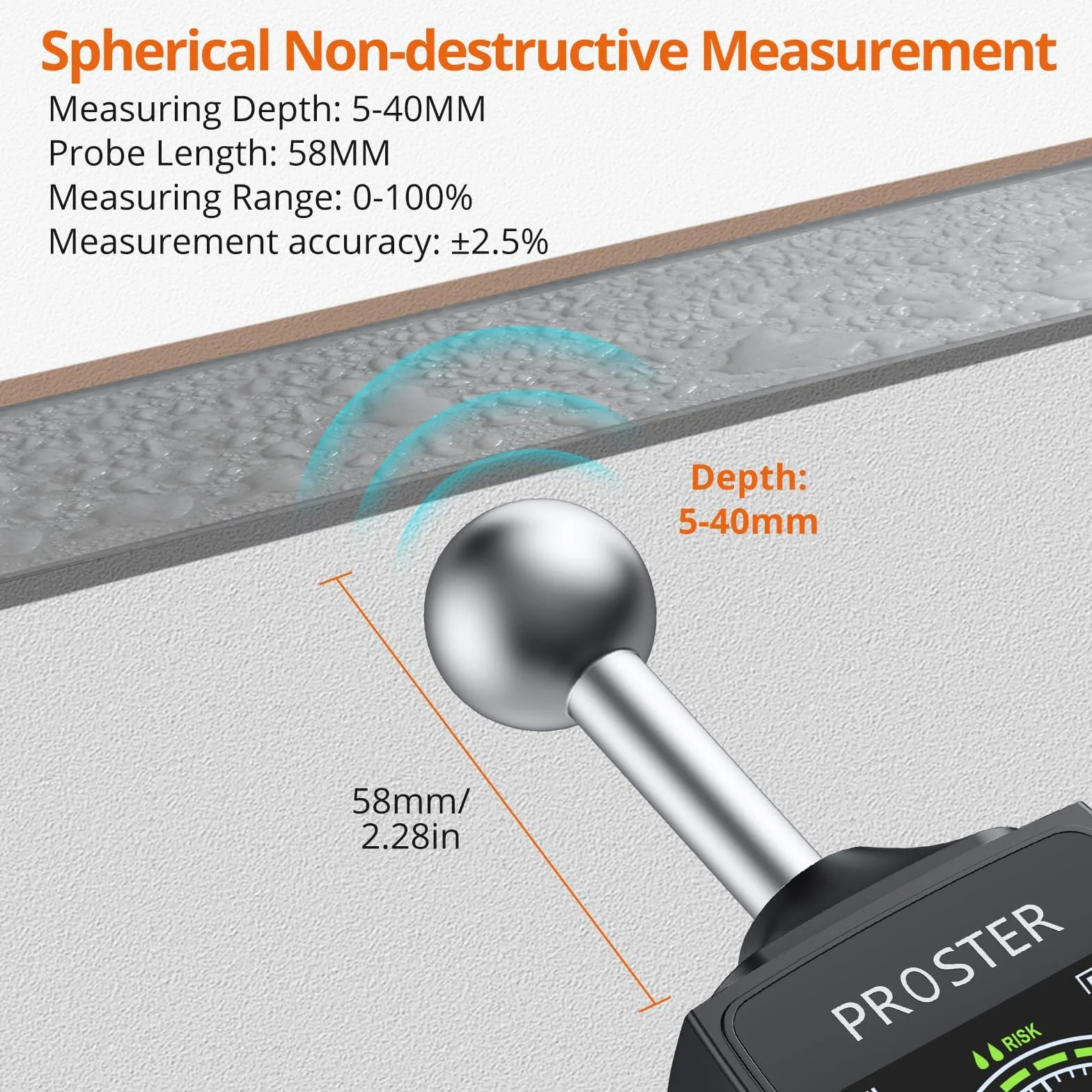 Proster Feuchtigkeitsmessgerät Wand Kugelform Sphärisches Feuchtemessgerät Mauerwerk 0-40mm Analysetiefe Zerstörungsfreies Feuchtemessgerät für Wand Holz Mauerwerk Beton Putz Baustoffe