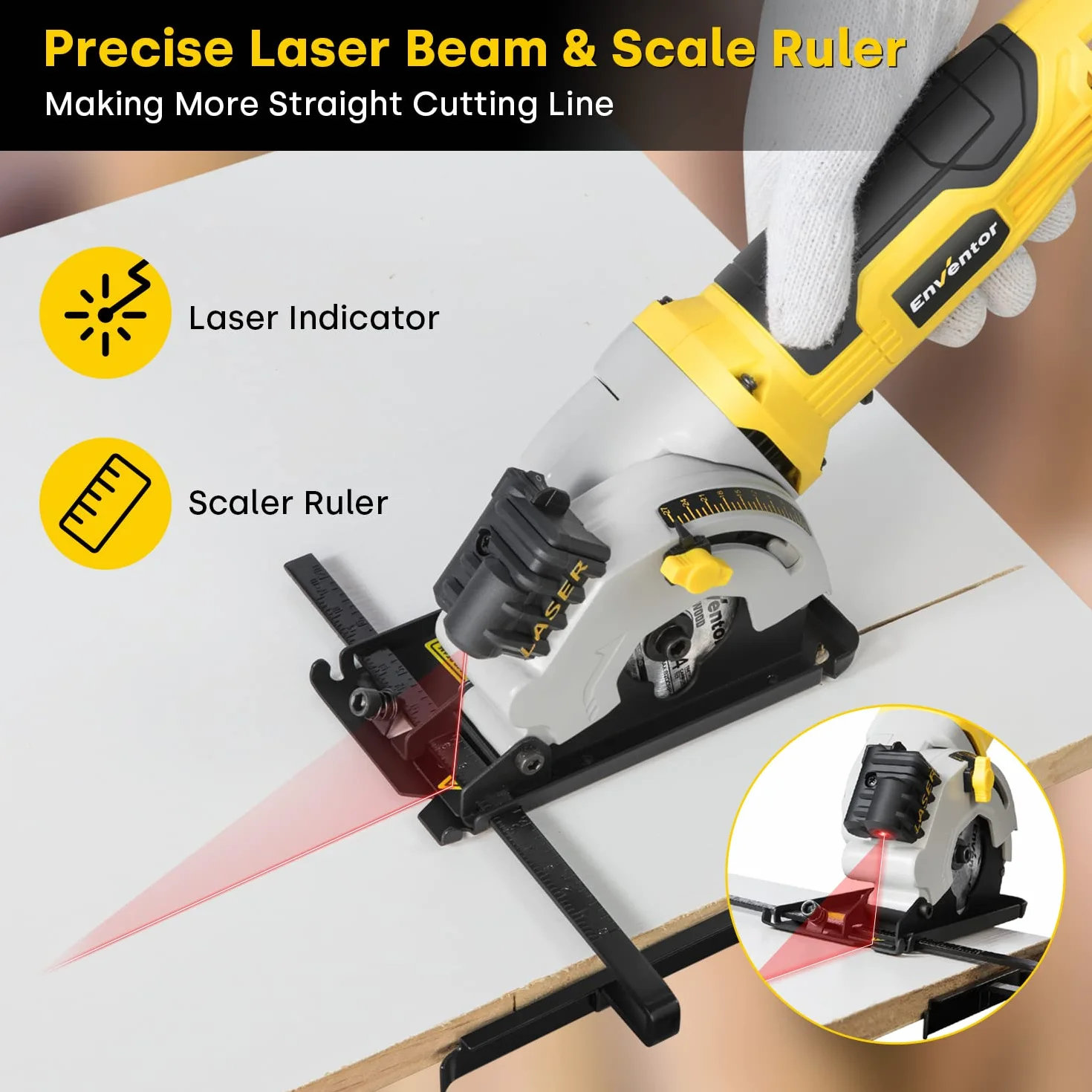 Enventor Mini Kreissäge 580W, Mini Handkreissäge mit Skalenlineal & Laserführung, 4000RPM, Einhändiges Halten, 3 Sägeblätter, für Holz, Fliesen, Kunststoff und dünne Metalle