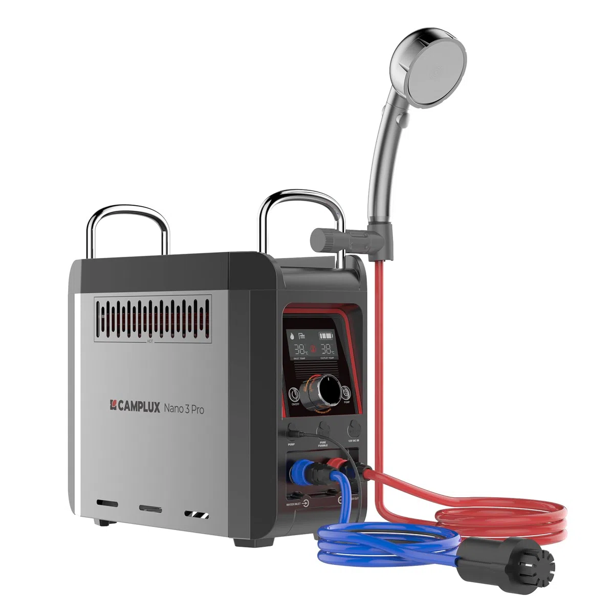 CAMPLUX Nano 3 Liter Gasdurchlauferhitzer Mobiler mit Wasserpumpe & Griff, 12 Volt, 50mbar LPG, für Campingdusche, Nano 3 Pro-DE