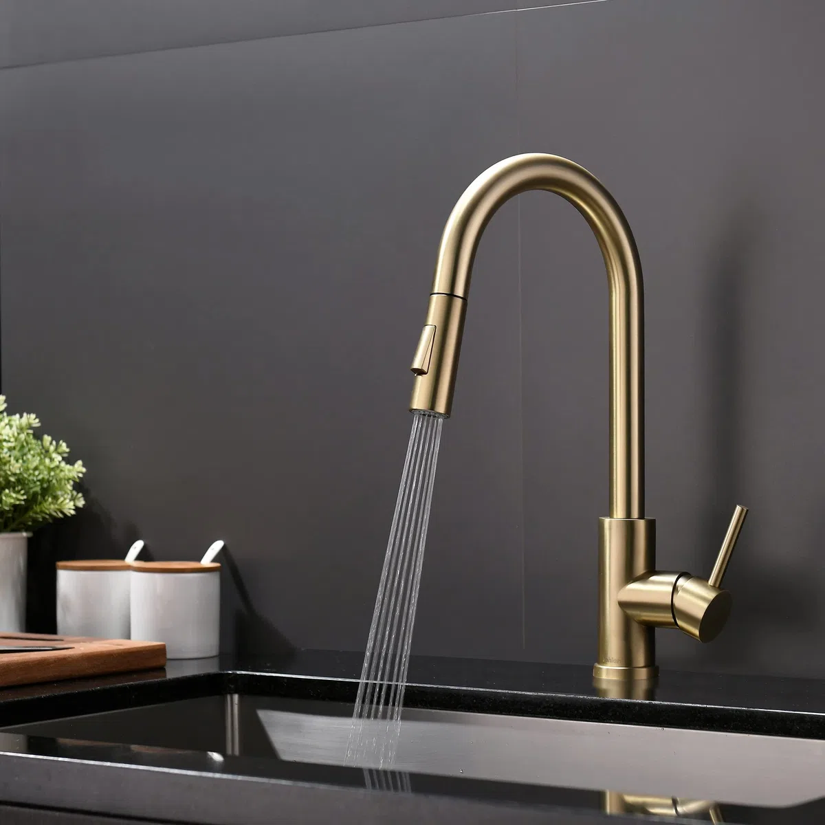 Tohlar Niederdruck Armatur Küche Gold, Niederdruck Wasserhahn Küche mit Ausziehbare Brause, Mischbatterien für Küche Moderner Edelstahl Spültischarmatur