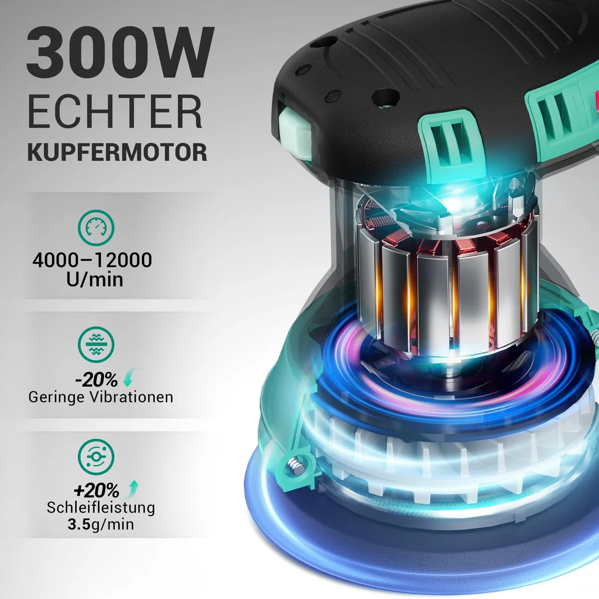 DCA Exzenterschleifer 300W, 125MM Schleifmaschine mit 6 Geschwindigkeiten, Max.12000 U/min, 0.3L Staubfangbehälter und Aubgeschützter Schalter, 10 Schleifpapier für Schleifen, Polieren von Holz, DIY