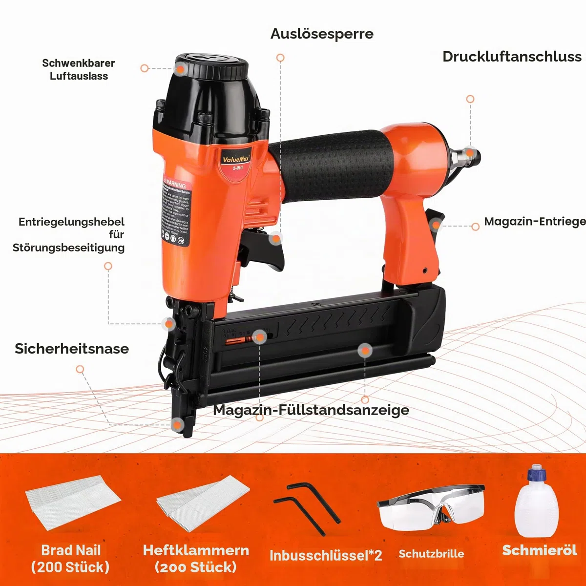 ValueMax 2 in 1 Druckluftnagler Profi Drucklufttacker inkl. 400 Klammern & Nägel, max 8,3 bar Druckluft Nagelpistole mit Sicherheitsnase für Werkstatt und Haus (Nägel bis 50mm, Klammern bis 40mm)