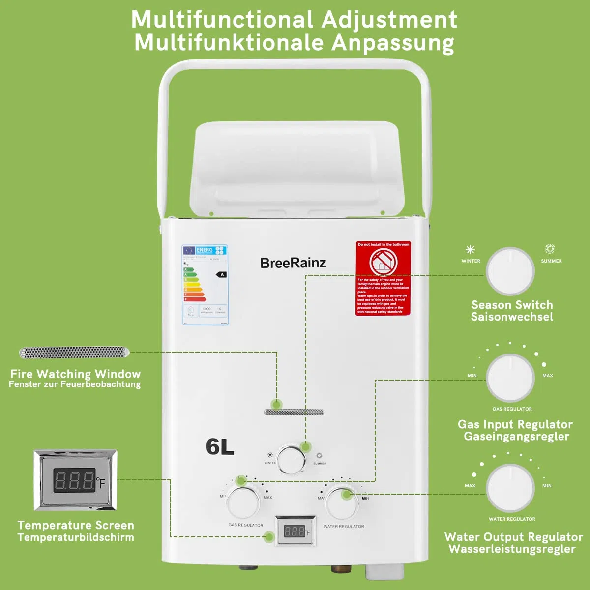 LPG Propan Butan Gas Durchlauferhitzer 6L 12KW, Gasdurchlauferhitzer mit Tragbarem Griff für Outdoor, Wohnmobil, Camping und Kabine, Weiß
