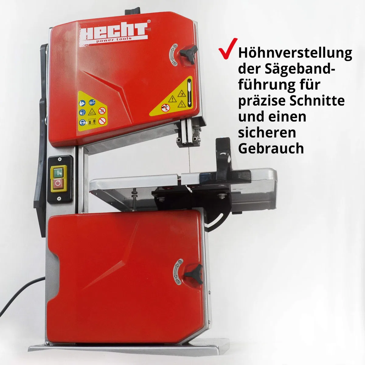 HECHT Bandsäge – 250 Watt Power für Hobby und Profi Arbeiten mit Holz und Metall – max. Schnitthöhe 85 mm, Schnittbreite 195 mm – 1400 mm Band – Führungsschiene/Parallelanschlag