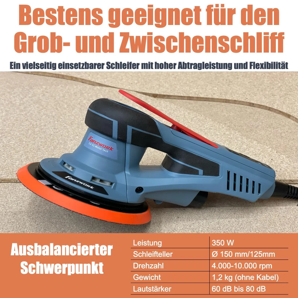 FANZWORK Bürstenloser Exzenterschleifer HG0024,mit 125mm/150mm Schleifteller,5mm Schleifhub, 7-Stufiger Drehzahlregelung bis 10.000 U/min, TELLER-BREMSE, 18x Schleifgitter, Tragkoffer