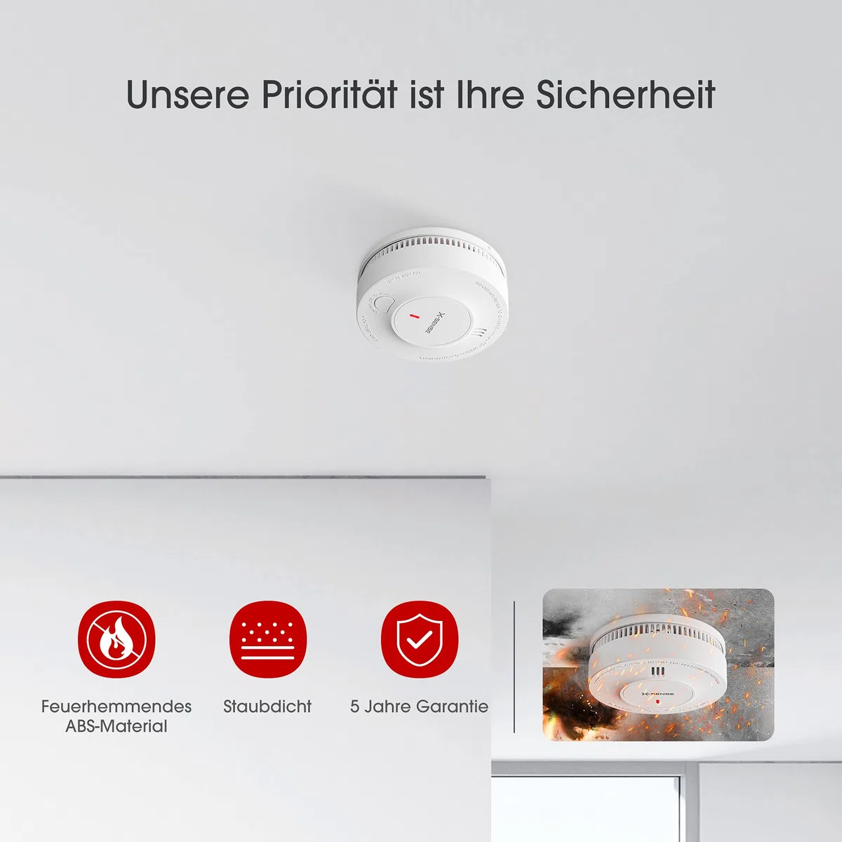 X-Sense Verbesserter Rauchmelder 10 Jahre Batterie, Feuermelder mit fotoelektrischem Sensor, EN14604 geprüfte Brandmelder, SD2J0AX, 5er Set