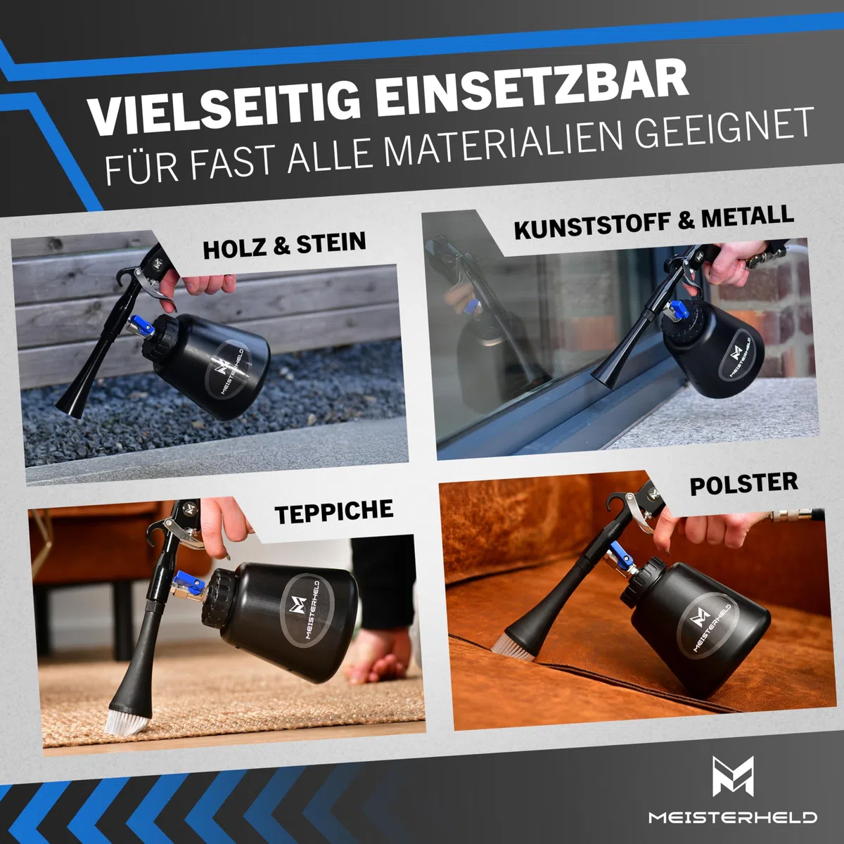 Druckluftreinigungspistole - präziser Trocken- & Nass-Reiniger für Auto, Teppich & Co - Luftdruckpistole mit Wassertank, Bürsten-Aufsatz & Dosierventile