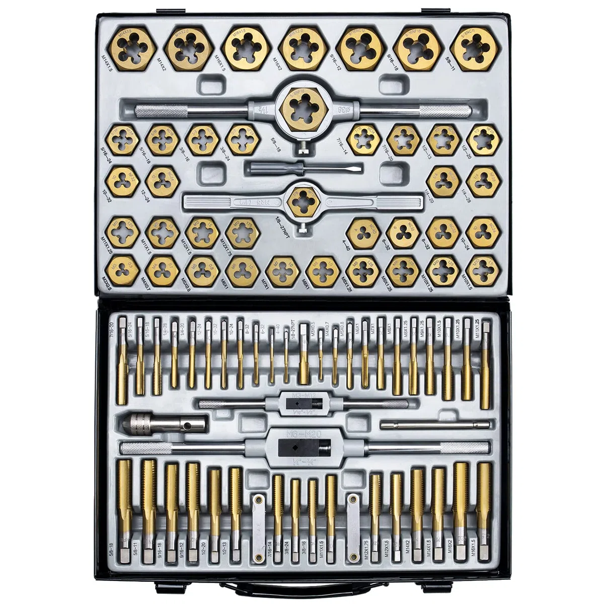 EFFICERE 86-teiliges Master Gewindebohrer und Schneideisen Set mit Premium Titan Beschichtung,SAE Größe bis 5/8 Zoll und metrische Größe bis M16,für grobe, feine Rohrgewinde, Zubehör, Metallkoffer
