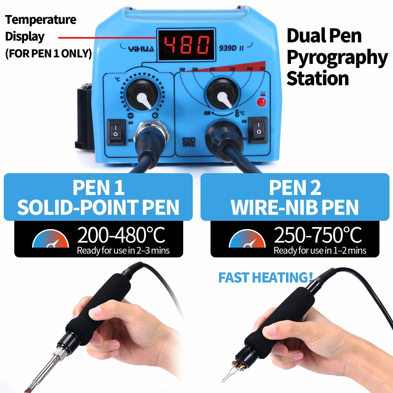 YIHUA 939D-II 2-IN-1 Brandmalerei-Set Holzbrennstation mit 2 Brandmalkolben-Stiften(Festspitze & Drahtspitze) mit 10 Festspitzen und 20 Drahtspitzen für Holzverbrennung(EU PLUG)