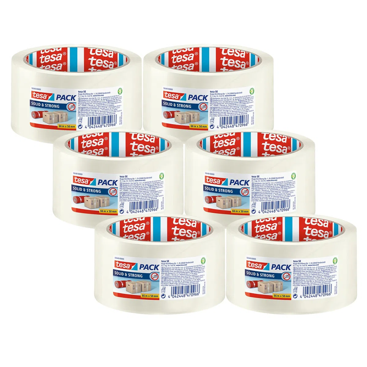 tesa tesapack Solid & Strong im 6er Pack - leise abrollbares Paketband - Packband zum sicheren Verschließen von Paketen - 6 Rollen je 66 m x 50 mm - transparent