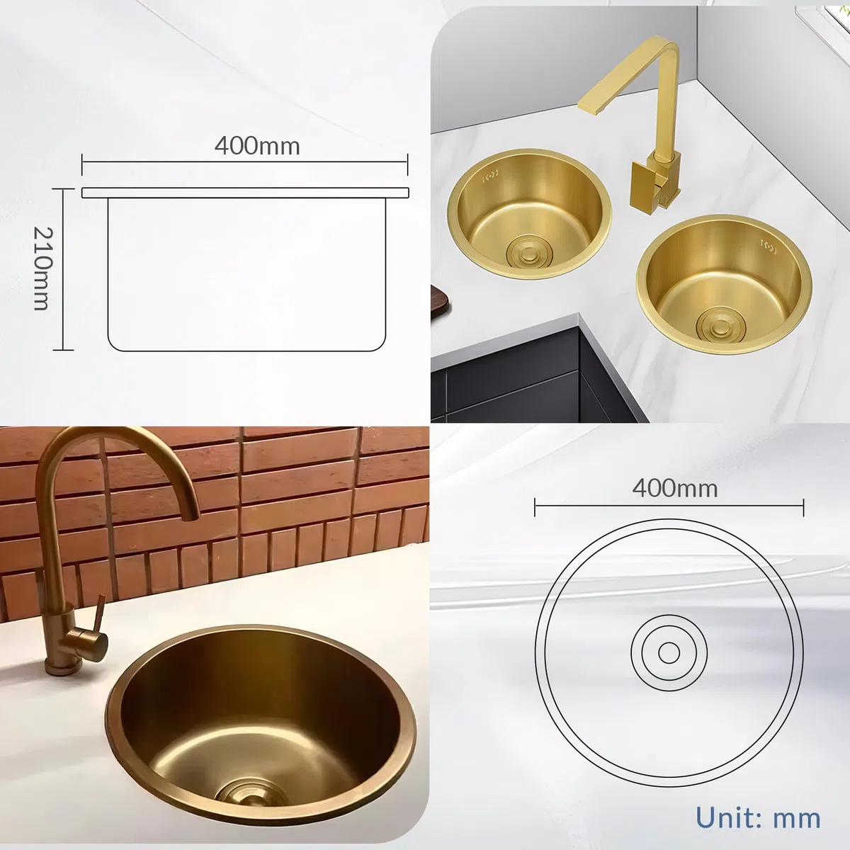 Rundspüle, goldfarben, 40 x 40 cm, Küchenspüle und Stange in Gold, rund, goldfarben, unterhalb oder auf der Arbeitsplatte, sink für Minibar, Edelstahl mit Siphon