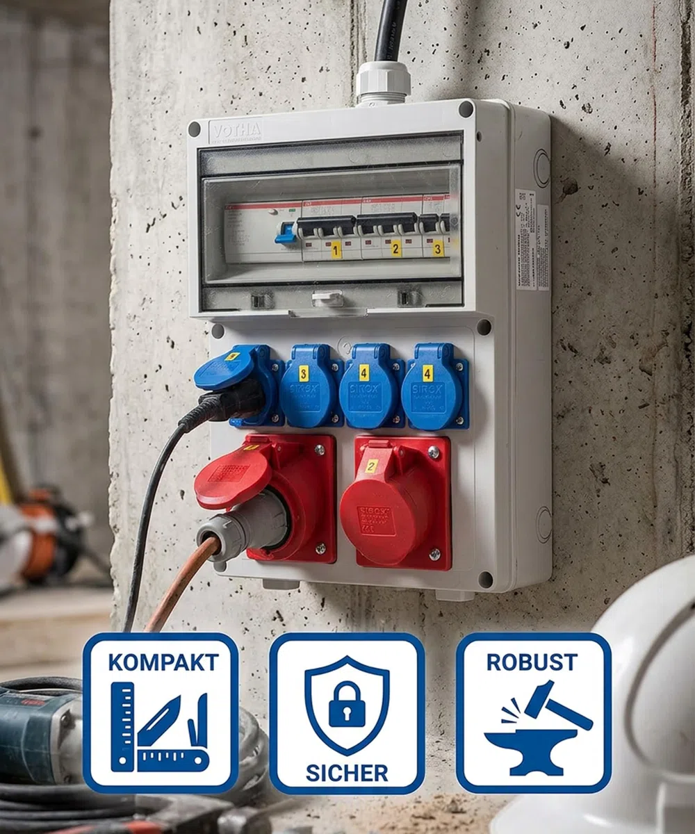 JÄGER VOTHA Wandverteiler Würzburg, Steckdosenkombination zur Wandmontage, fertig verdrahtet, CEE 32A & 16A, 4x 230V Steckdose, FI & LS Schalter, IP54, abschließbare Makrolonabdeckung