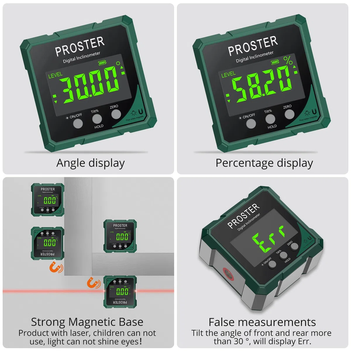 Proster Digitaler Laser- Neigungsmesser Winkelmesser Digital Wasserwaage Laser Winkelmesser - Präzise Magnetisch Wiederaufladbar LCD Display Messgerät für Bau Holz Tischler Werkstatt Profi