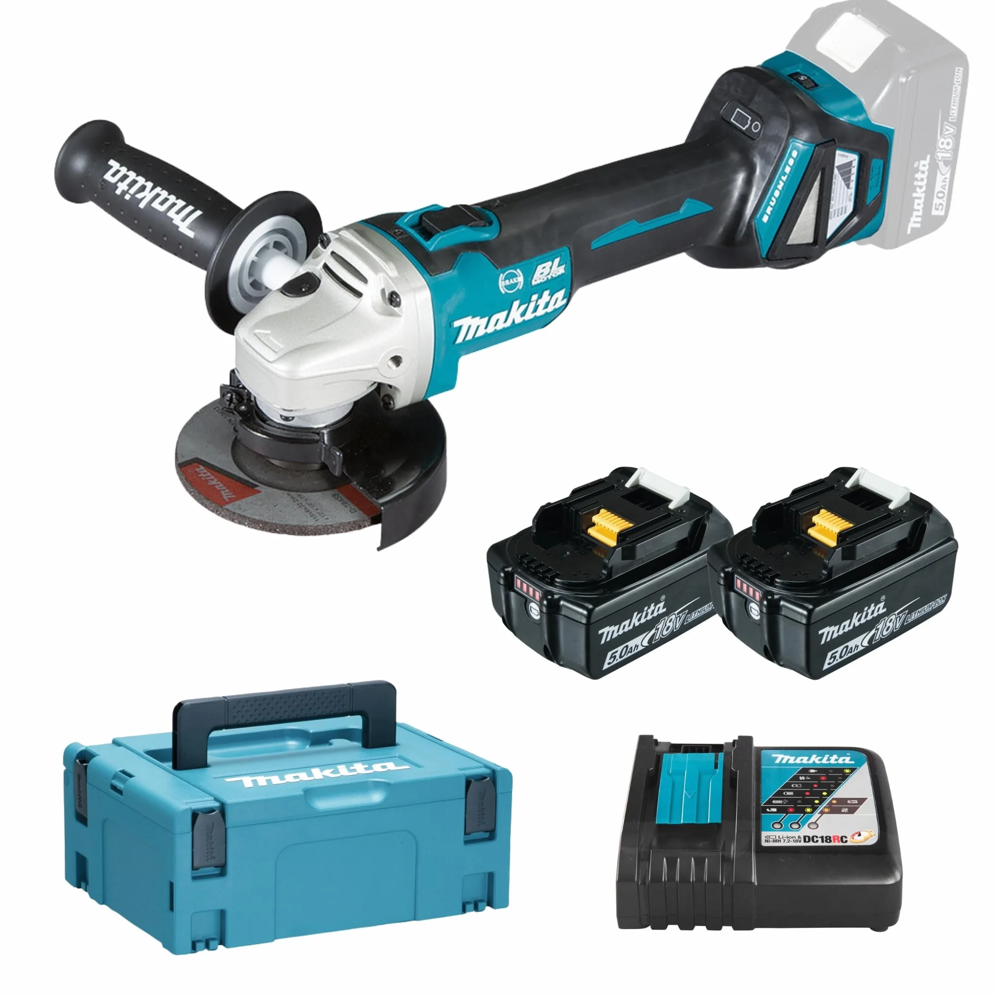 Makita DGA513RTJ Akku-Winkelschleifer 18 V / 5,0 Ah, 2 Akkus + Ladegerät Im MAKPAC