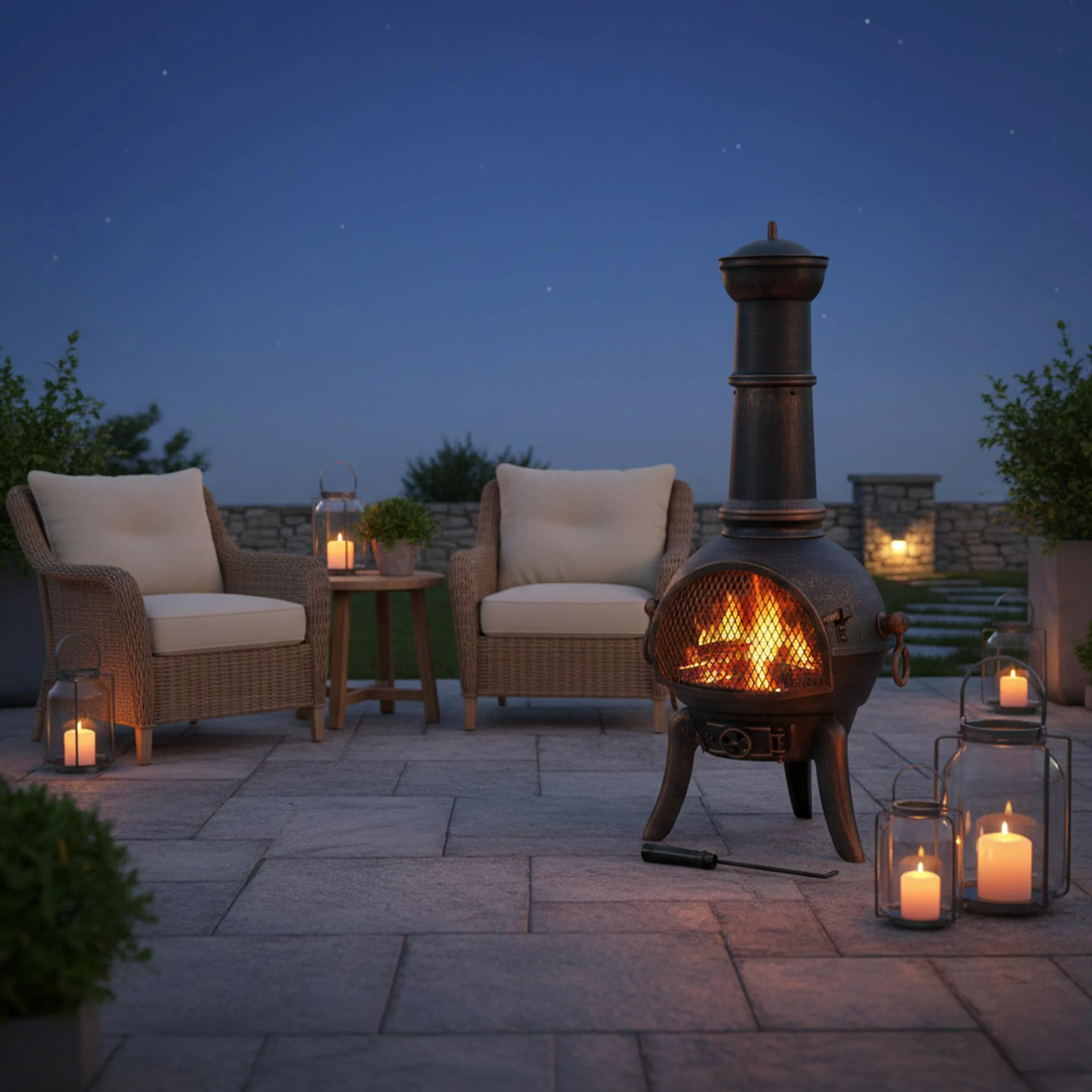 Relaxdays Terrassenofen, mit Funkenschutz, Schürhaken, Feuerrost, Zugluftklappe, Gartenkamin Gusseisen, Stahl, Bronze, 1 Stück