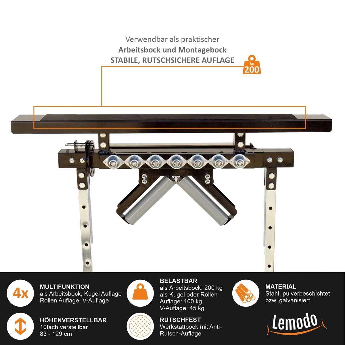 Lemodo Multifunktions-Arbeitsbock 4 in 1 höhenverstellbar 83–129 cm klappbarer Montagebock aus Stahl bis 200 kg Tragkraft