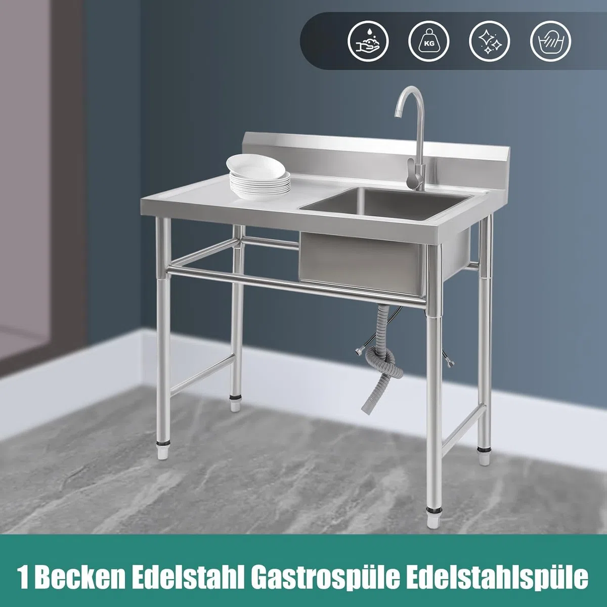 Küchenspüle,Spülbecken 1 Becken Rechts Spültisch Gastrospüle Spülbecken Edelstahlspüle Gastro Gastronomie Spüle Arbeitstisch Waschbecken Edelstahl,100cmx60cm