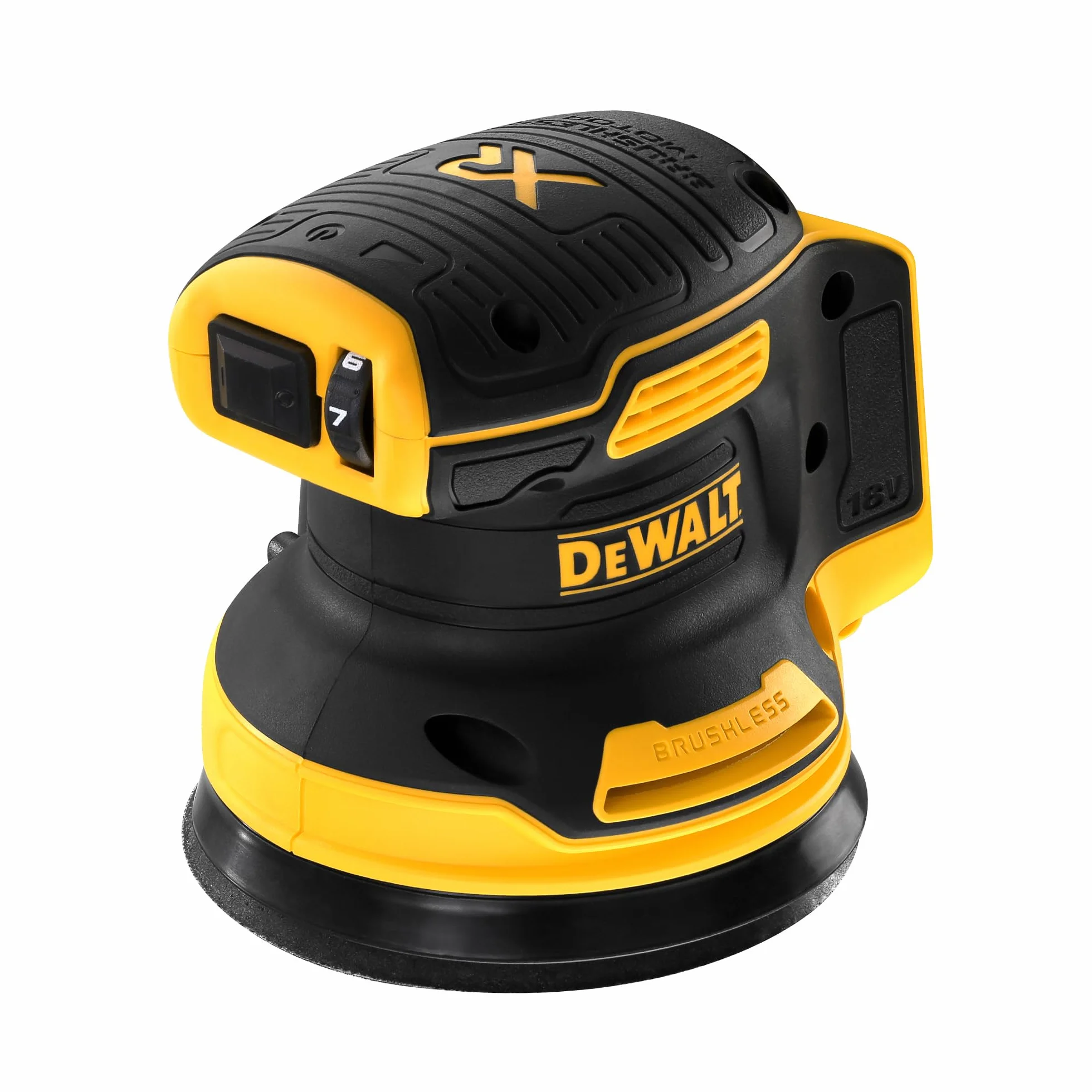 DEWALT 18 Volt Akku-Exzenterschleifer (Schleifpapier-ø: 125 mm, elektronische Drehzahlregulierung, Staubschutz für Getriebe und Schalter, mit Klettfix-System, ohne Akku und Ladegerät), DCW210N