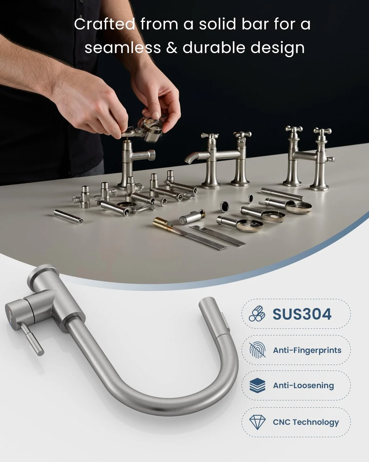 APPASO Niederdruck Armatur Küche, Niederdruck Küchenarmatur Ausziehbar, Wasserhahn Küche 3 Anschlüssen, Spültischarmatur Niederdruck mit 2 Strahlarten für Boiler Gebürstet