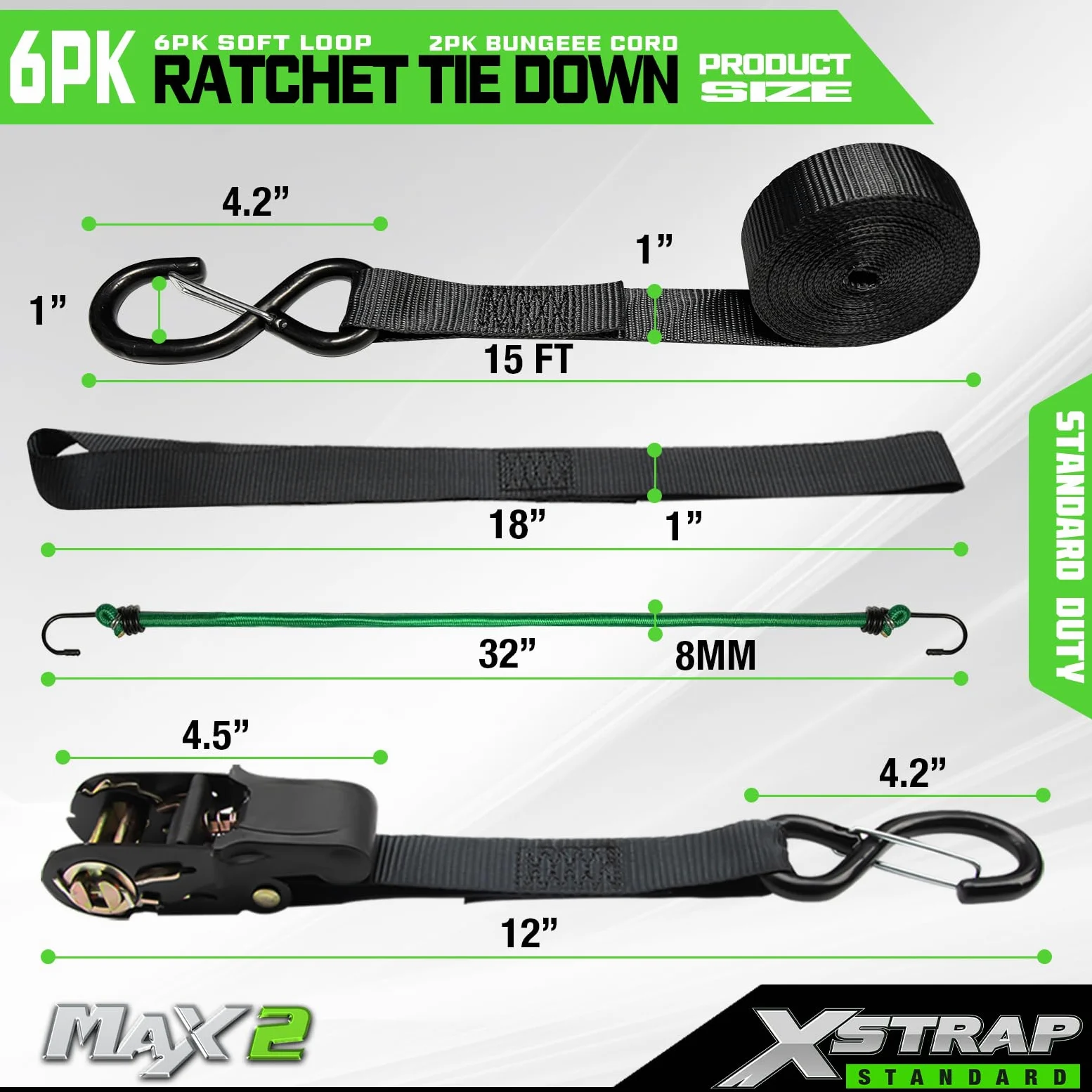 XSTRAP Standard Spanngurte mit Ratsche – 6 Stück, 2,5 cm x 4,8 m – 857 kg Bruchfestigkeit, Sicherheitsverriegelung, S-Haken, mit 6 weichen Schlaufen, 2 Bungee-Schnüre, logistische Cargogurte für