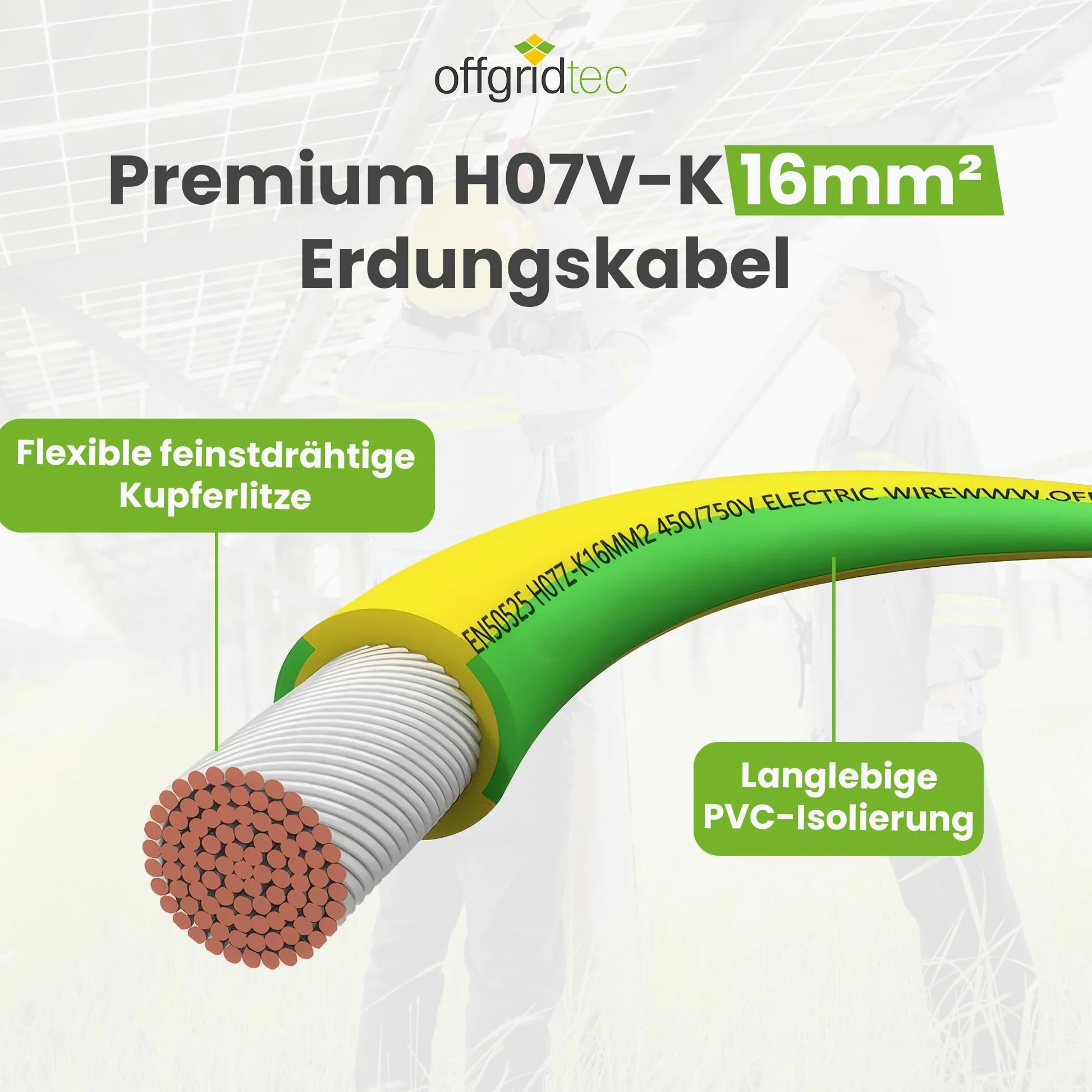 Offgridtec H07V-K Erdungskabel 16mm² 450/750V Feindrähtiger Kupferleiter Flammwidrige XLPO- und PVC-Isolierung HAR-zertifiziert Grün/Gelb 10m