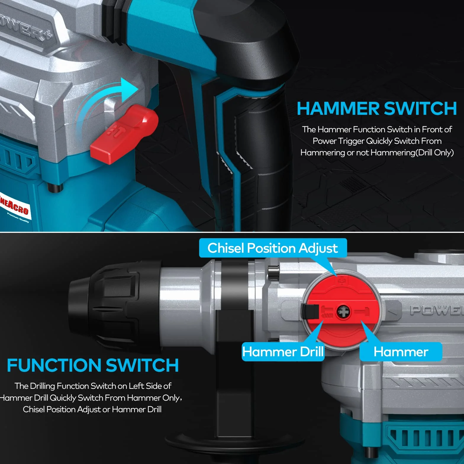 ENEACRO SDS-Plus Bohrhammer, 1500W 6Joule Abbruchhammer 6 Variable Geschwindigkeit 0-920U/Min mit 4 Funktionen, Anti-Vibrationsgriff und Sicherheitskupplung, 32 mm Bohrleistung in Beton