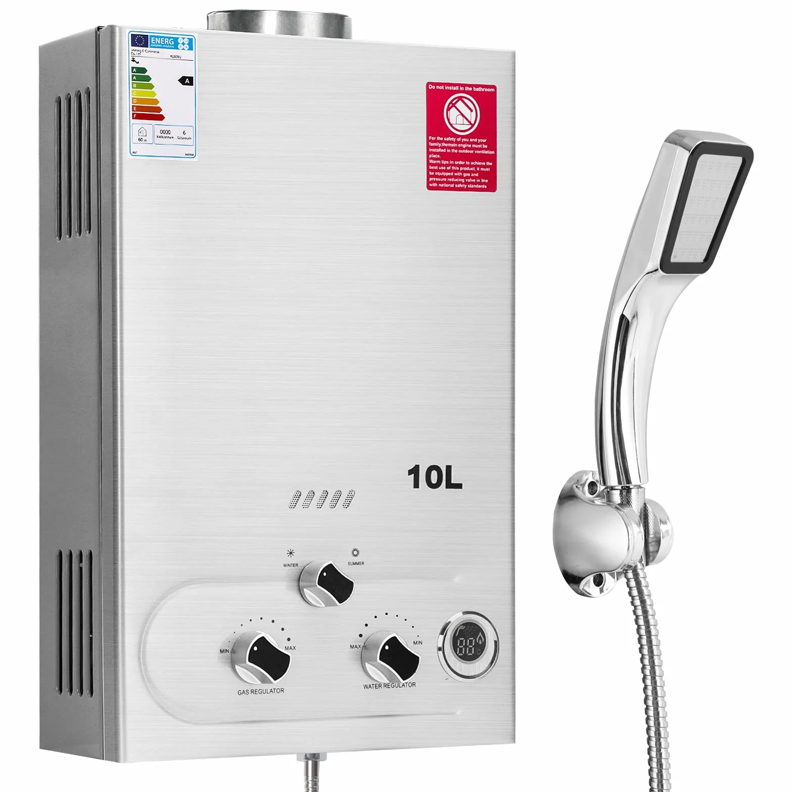 Fulgutonit 10L Gasdurchlauferhitzer mit Druckdusche,LPG Propan Butan Gas Durchlauferhitzer Passend für Zuhause,Wohnmobil und im Freien