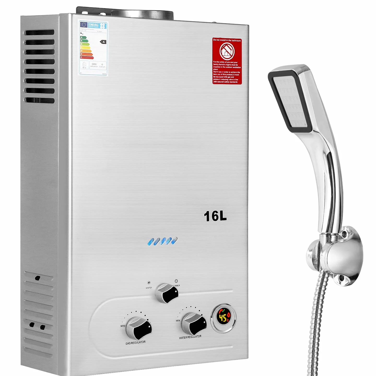 BreeRainz 16L Gas Durchlauferhitzer mit Duschkopf,32KW LPG Propan Butan Warmwasserbereiter, Super Niedrigem 0,2 bar Startwasserdruck für Zuhause Wohnmobile Kabinen