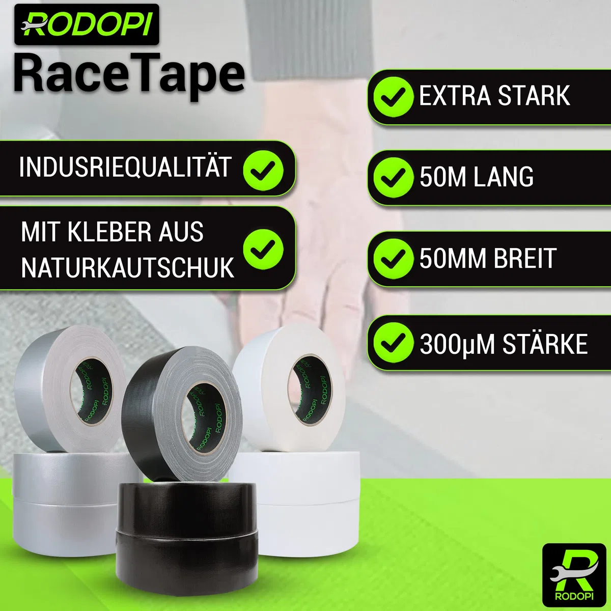 RODOPI Panzertape RaceTape 50mm x 50m Industrie Gewebeband Silber Schwarz Weiß Panzerband extra stark Gewebeklebeband Stärke 0,30mm Gaffa Tape Duct Tape (Schwarz, 24 Rollen)