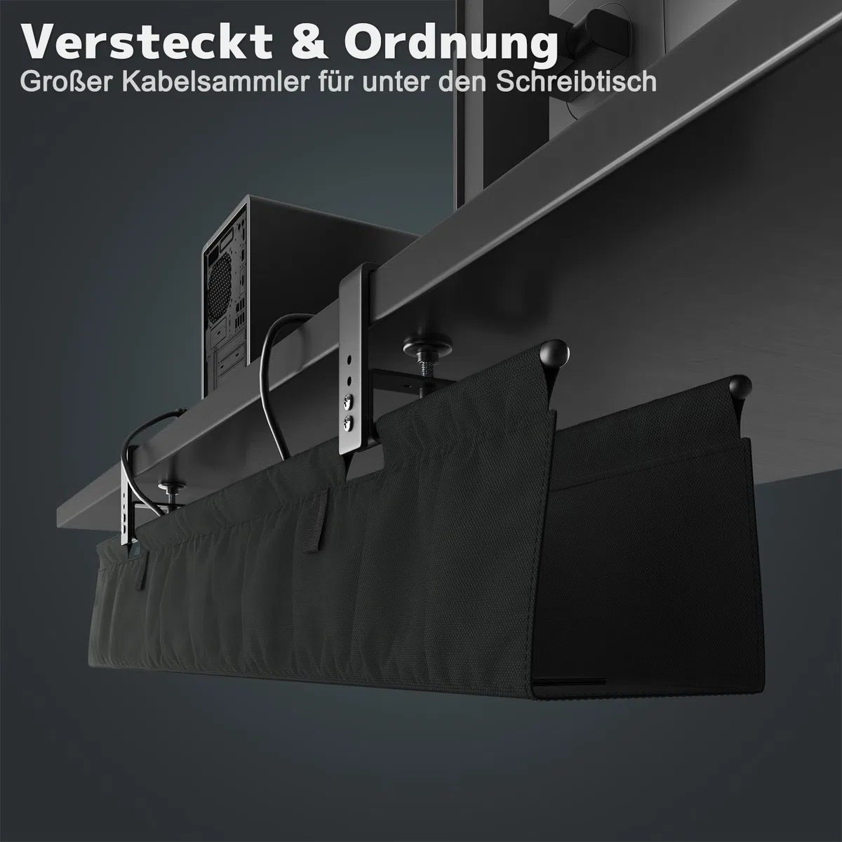 Kabelkanal Schreibtisch Ohne Bohren, 90cm Unter dem Kabelmanagement Schreibtisch mit Klemmen/Schraubmontage, Stabiler & Wasserdichter Stoff-Kabelorganizer für Zuhause und Büro, Schwarz