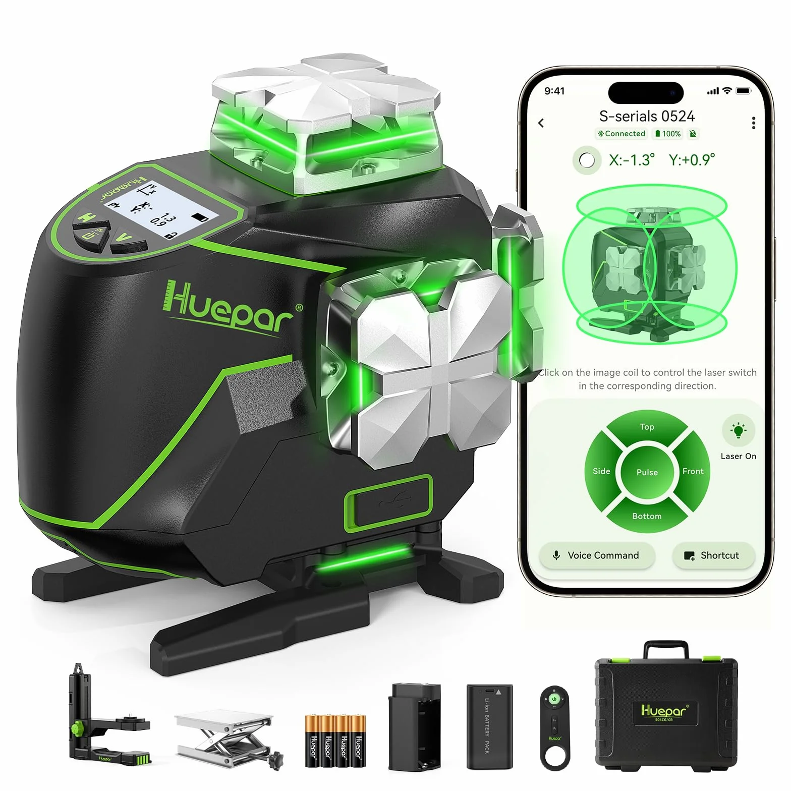 Huepar 16 Linien-selbstnivellierendes Laserniveau 4 x 360 ° mit LCD-Bildschirm, 4D Bluetooth Grüner Strahl Laserwerkzeug, Horizontal/Vertikal Laser -Fernbedienung & Hartschalenkoffer S04CG-C