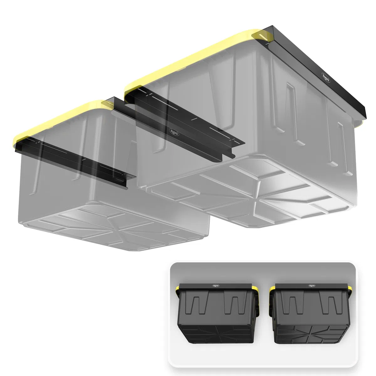 Koova Überkopf-Garagen-Aufbewahrungsregale für Mehrzweckbehälter, Rahmenschienen mit Hardware, robuste Stahl-Deckenaufhänger, Container-Organisation, DIY-Montagesystem (Zwei Müllregale)