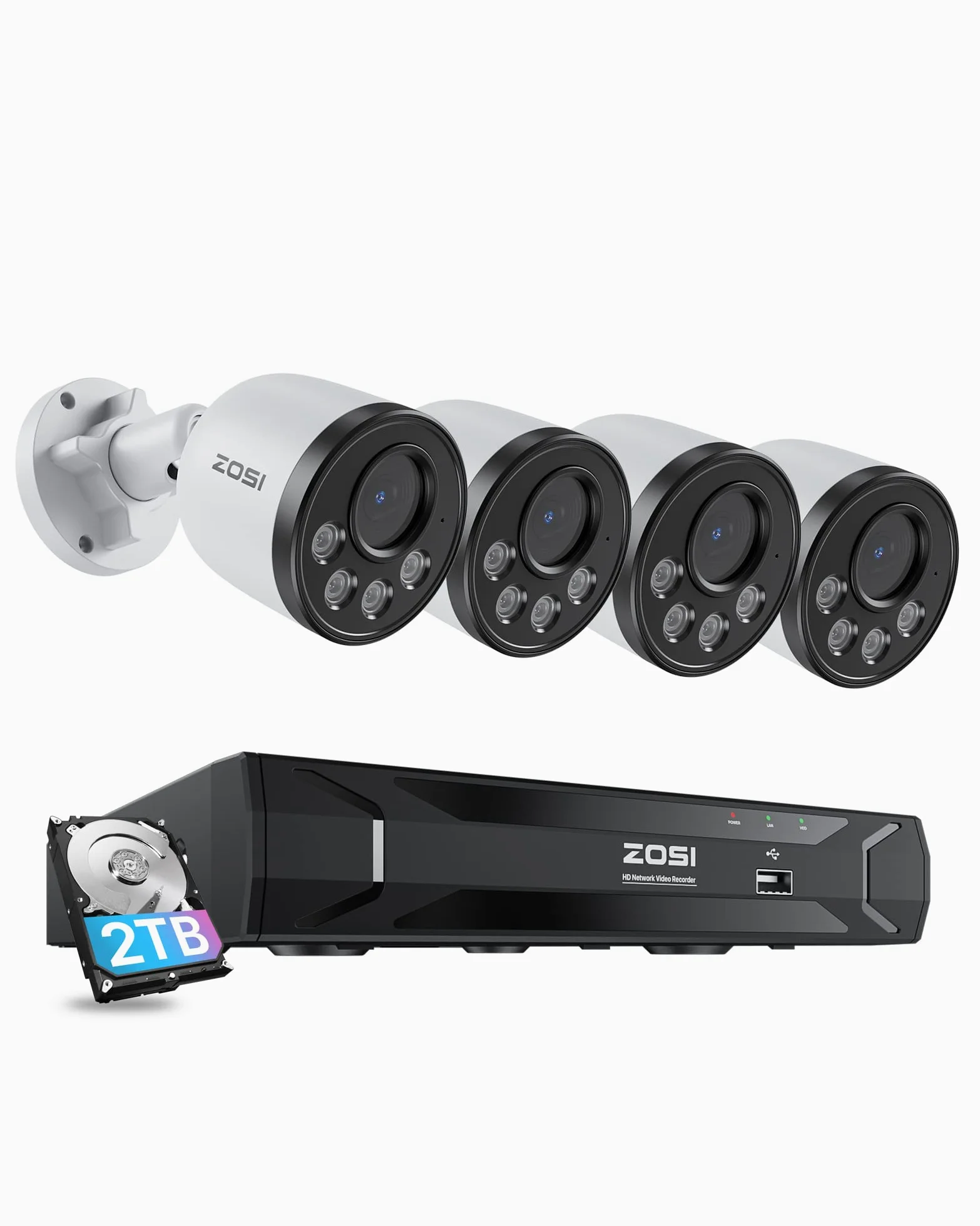 ZOSI PoE Überwachungskamera Set, 8CH 5MP NVR mit 2TB HDD, 4X 4MP PoE Kamera Überwachung Aussen Set mit Audio, Personenerkennung, 100ft Nachtsicht, C180 | Personenerkennung, IR-Nachtsicht, 24/7 Video- und Audioaufnahme, für Haus/Büro/Geschäft Überwachung
