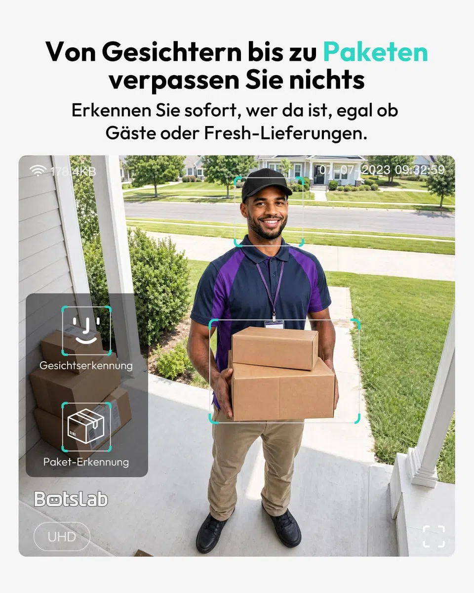 BOTSLAB 2K Solar Akku Video Türklingel mit Solarpanel, 100% Kabellose Klingel mit Kamera, Kopf-bis-Fuß-Ansicht, PIR-Bewegungserkennung, Ohne Monatsgebühr, Nachtsicht, 2-Wege-Audio, 2,4GHz WLAN