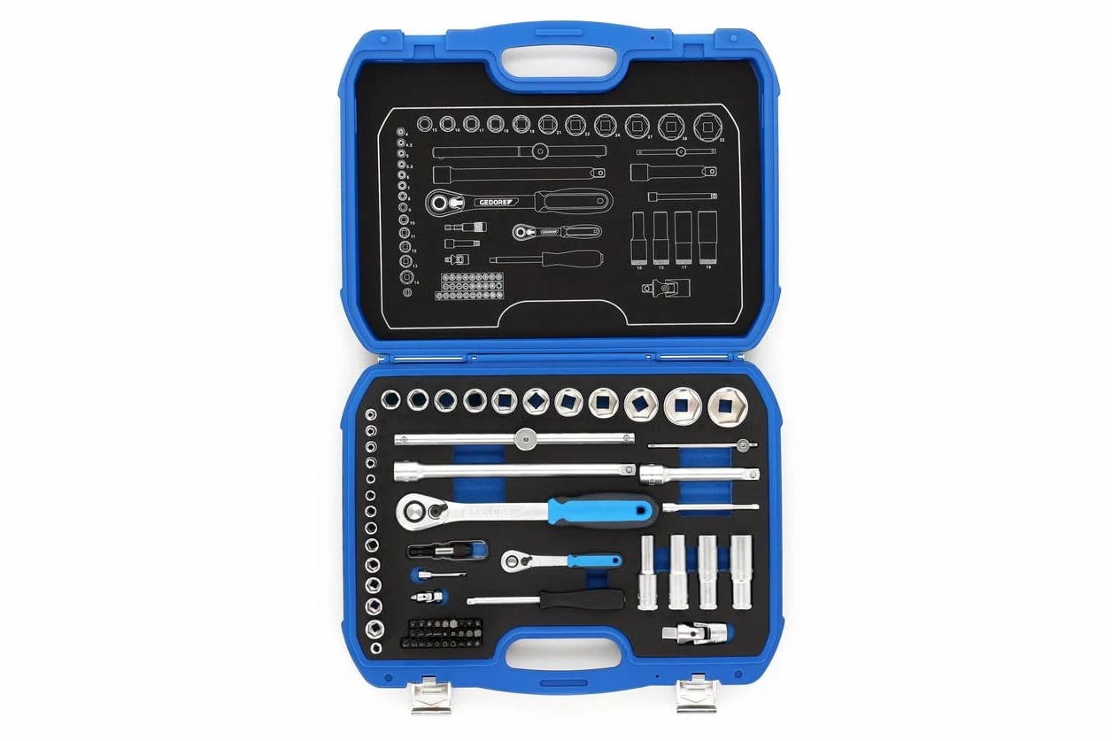 GEDORE Steckschlüsselsatz, Set 69-teilig, 1/4 + 1/2 Zoll, Werkzeug, Nüsse Knarre Bits, für KFZ, 19 BMC 20, Blau