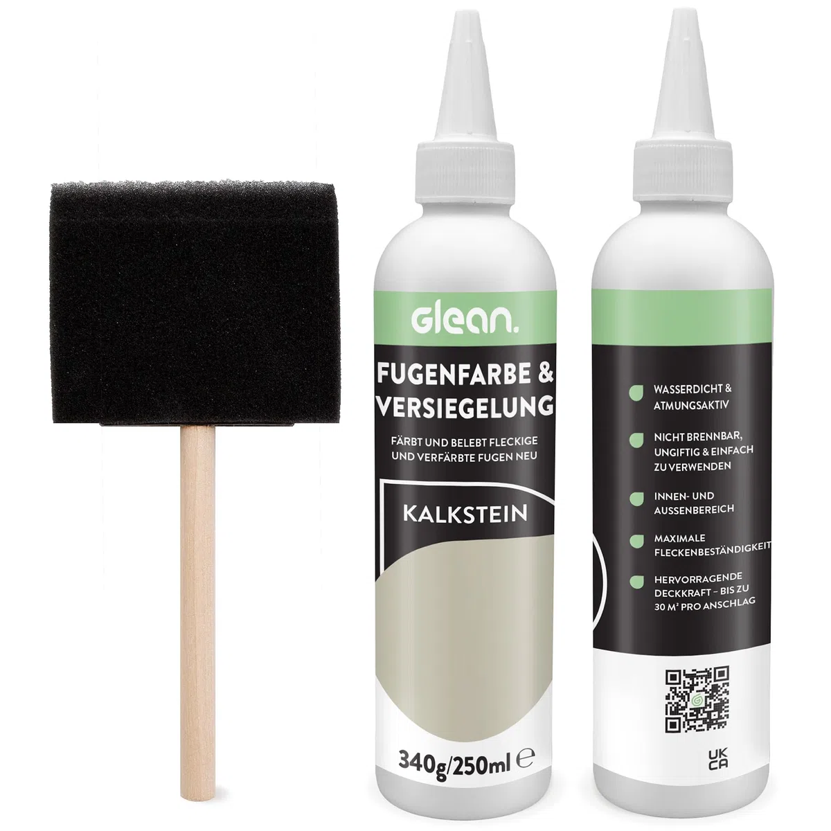 GLEAN Fugenfarbe & Versiegelung Kalkstein | 340g | Erneuert & schützt Fliesenfugen | Mit Schaumstoffpinsel | Atmungsaktiv & fleckenresistent | Für Bad, Dusche & Küche