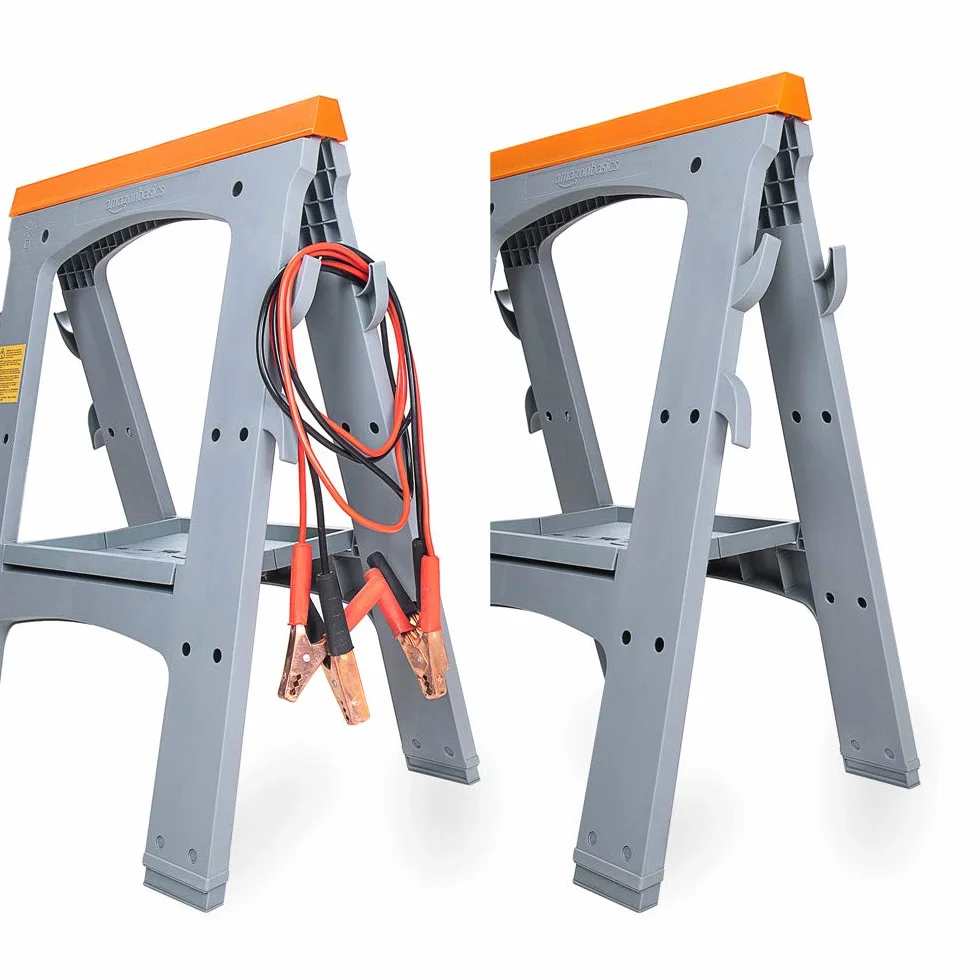 Amazon Basics Sägebock, tragbar, faltbar, rechteckig, 408 kg Kapazität, mit Aufbewahrungshaken, einfach zu bedienen, Grau, Orange, 2er-Pack