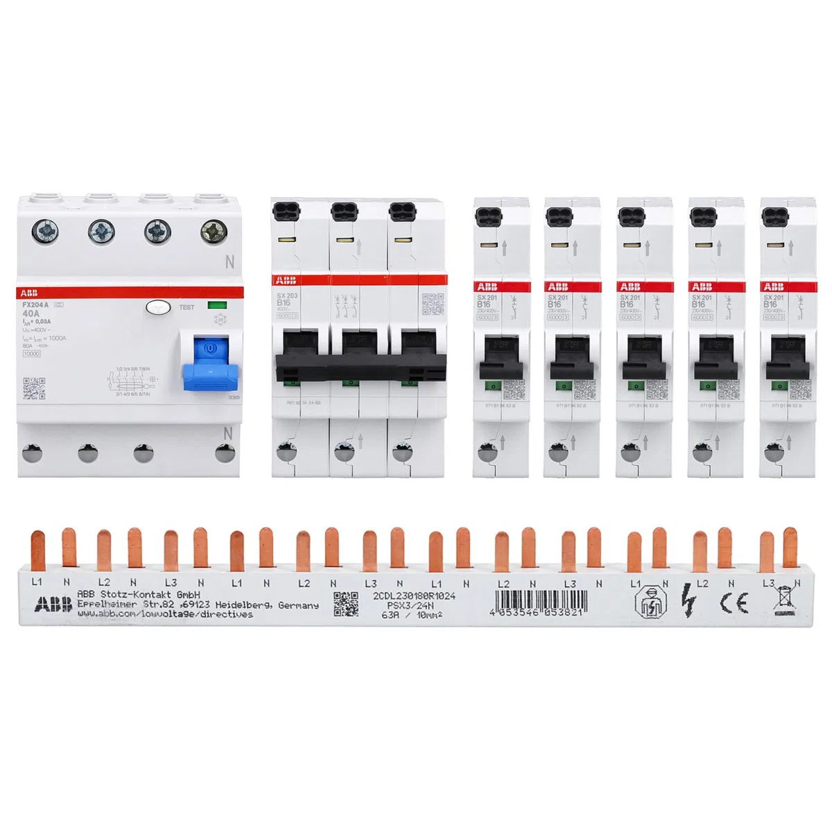ABB FlexLine Set: 5x SX201-B16 Leitungsschutzschalter B + 1x SX203-B16 Leitungsschutzschalter B + 1x FX204 A-40A/0.03 FI-Schutzschalter + 1x PSX3/24N Phasenschiene