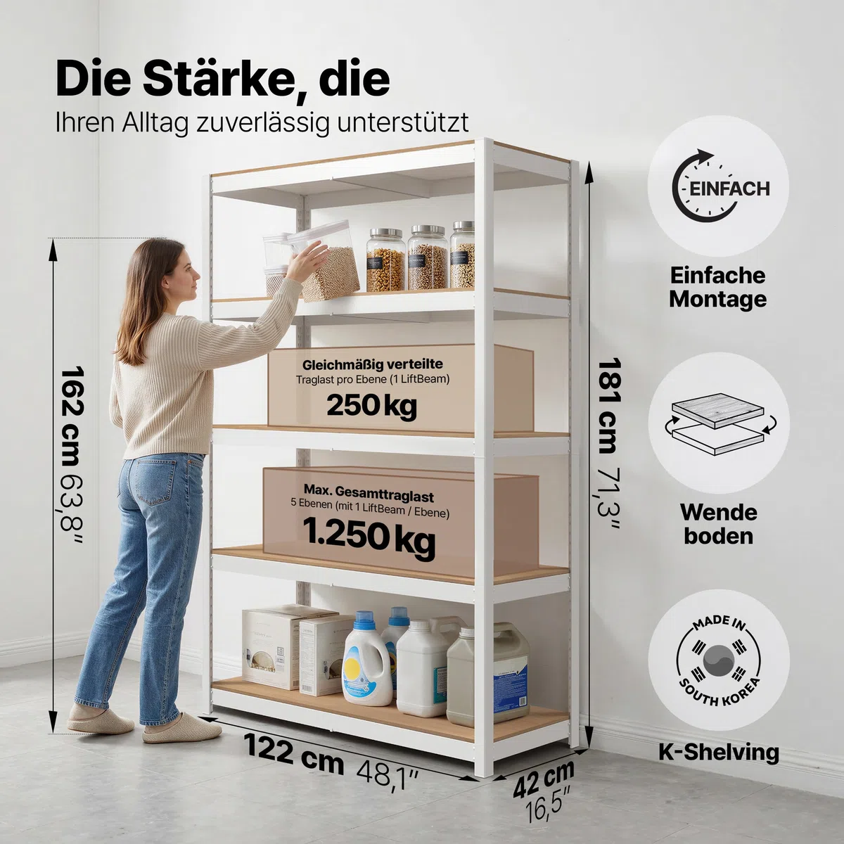 HOMEDANT House Premium-Lift-Beam Schwerlastregal Kellerregal Lagerregal Haushaltsregal Küchenregal Garagenregal 40 x 120 x 180cm Regal mit Laminat-MDF-Böden verstellbare Ablagen Weiß
