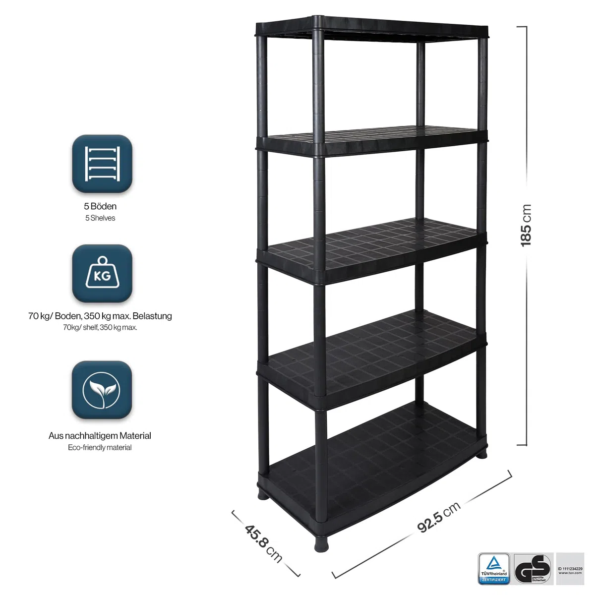 Kreher 2 Stück XXL Kunststoffregal, Schwerlastregal, Kellerregal 5 Böden, Schwarz, max. 350 kg Traglast pro Regal. TÜV Rheinland